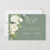 緑エレガントの白フローラRSVPカード 出欠カード (正面)