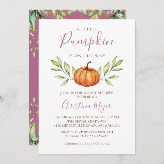 緑エレガントの秋のカボチャの赤ちゃんシャワー 招待状 (正面/裏面)