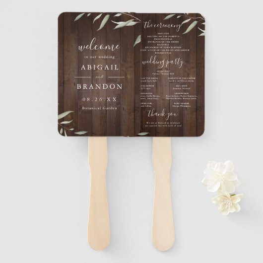 緑エレガントの納屋の木の素朴な結婚式プログラム ハンドファン (正面&裏面)
