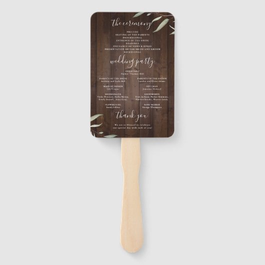 緑エレガントの納屋の木の素朴な結婚式プログラム ハンドファン (裏面)