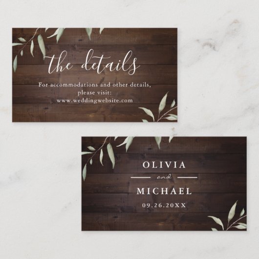 緑エレガントの納屋の木の素朴な結婚詳細 プレイスカード (正面/裏面)