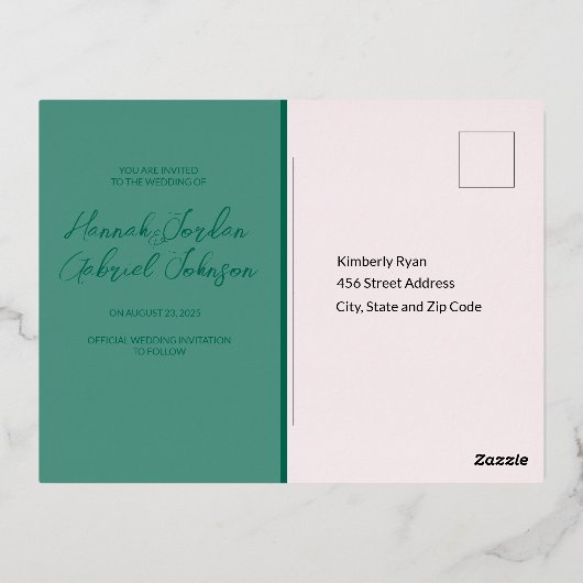 緑エレガントの結婚式の日付ホイルはがき保存 箔招待状ポストカード (裏面)