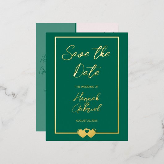 緑エレガントの結婚式の日付ホイルはがき保存 箔招待状ポストカード (正面/裏面)