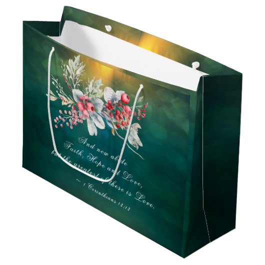 緑エレガントの聖書の冬の結婚フローラ ラージペーパーバッグ (正面アングル)