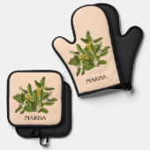 緑エレガントの葉のオーブンミットとポットホルダー 鍋つかみ&鍋敷きセット (正面/裏面)