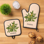 緑エレガントの葉のオーブンミットとポットホルダー 鍋つかみ&鍋敷きセット (トップダウン)