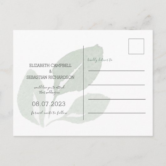 緑エレガントの葉の水の色の保存日付 案内ポストカード (裏面)