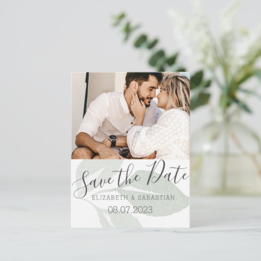 緑エレガントの葉の水の色の保存日付 案内ポストカード (スタンド正面)