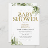 緑エレガントの葉の金ゴールドレターベイビーシャワー 招待状 (正面/裏面)