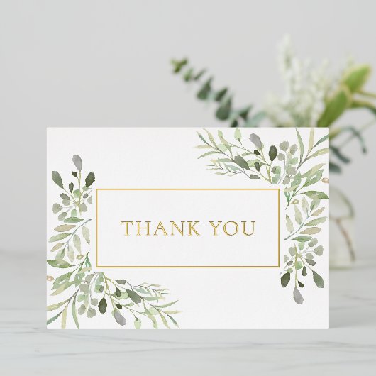 緑エレガントの葉の金箔サンキューカード 箔招待状 (立ち正面)