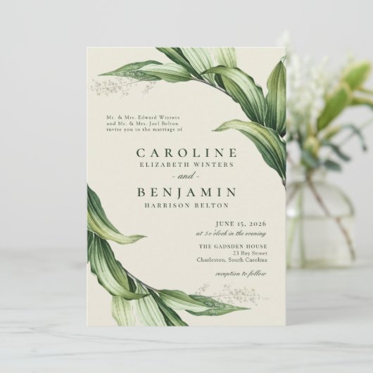 緑エレガントの葉ガーデントロピカル結婚ズ 招待状 (スタンド正面)