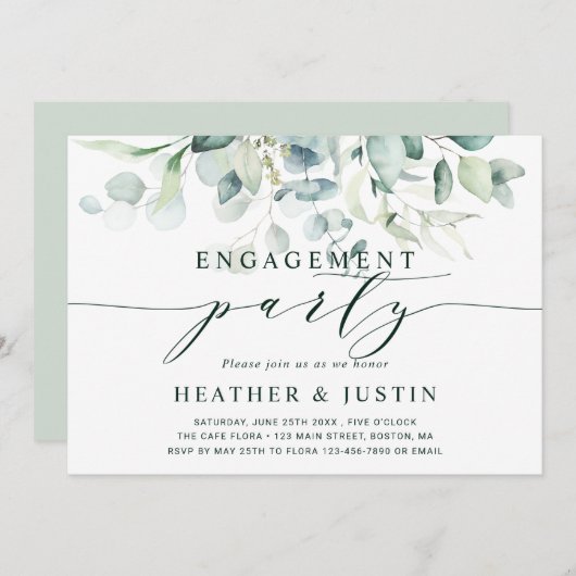 緑エレガントの葉婚約パーティ 招待状 (正面/裏面)