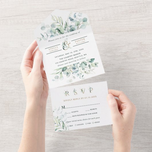 緑エレガントの葉金ゴールドアンパサ結婚ンド オールインワン招待状 (貼ってはがせる)