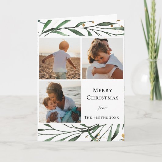 緑エレガントの葉金ゴールド紙吹雪水色 シーズンカード (正面)