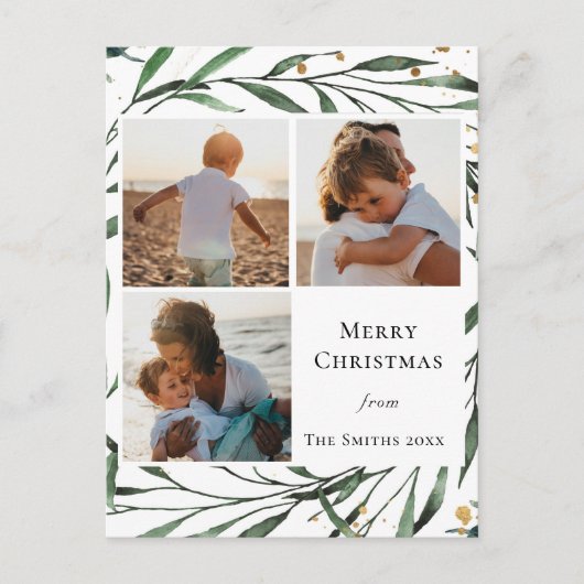 緑エレガントの葉金ゴールド紙吹雪水色 シーズンポストカード (正面)