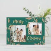 緑エレガントの葉金ゴールド2フォトクリスマスカード (スタンド正面)
