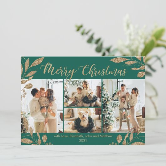 緑エレガントの葉金ゴールド4写真クリスマスカード (スタンド正面)