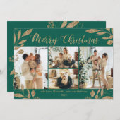 緑エレガントの葉金ゴールド4写真クリスマスカード (正面/裏面)