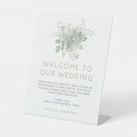 緑エレガントの金ゴールドの結婚COVIDの安全性を歓迎 台座サイン (正面)