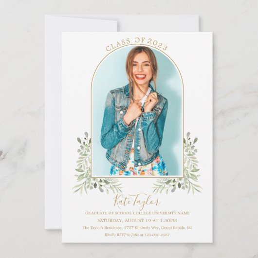 緑エレガントの金ゴールドアーチ写真卒業パーティー 招待状 (正面)