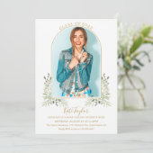 緑エレガントの金ゴールドアーチ写真卒業パーティー 招待状 (スタンド正面)