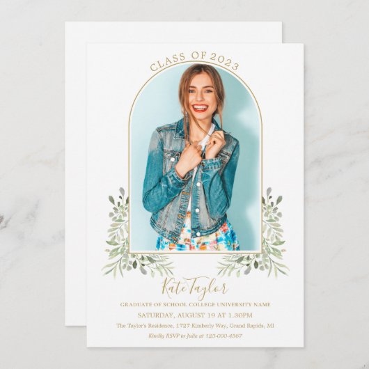 緑エレガントの金ゴールドアーチ写真卒業パーティー 招待状 (正面/裏面)