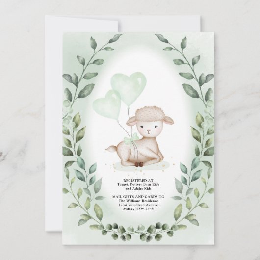 緑エレガントの金ゴールドベビーラムバーチャルシャワー 招待状 (裏面)