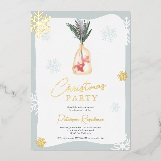 緑エレガントの青い赤いボホの枝クリスマス 箔招待状 (正面)