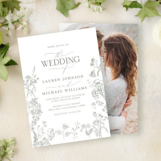 緑エレガントのChinoiserieフローラ写真結婚の数 招待状