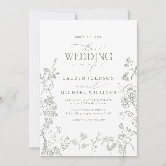 緑エレガントのChinoiserieフローラ写真結婚の数 招待状 (正面)