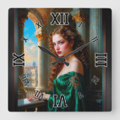 緑エレガントドレスのルネッサンス女性 スクエア壁時計 (正面)