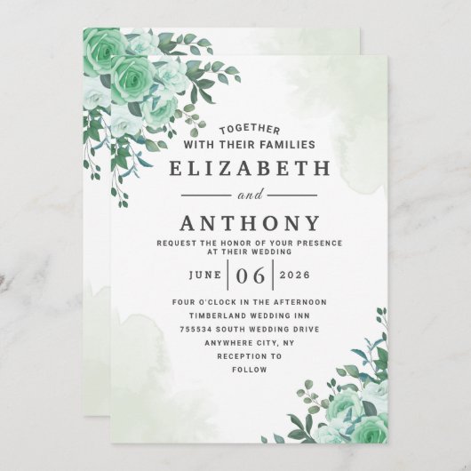 緑エレガントバラフローラウォーター結婚カラー 招待状 (正面/裏面)