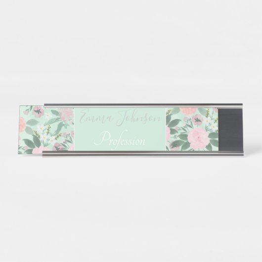 緑エレガントピンクフローラウォーター絵画カラー デスクネームプレート (正面)