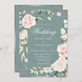緑エレガントピンク赤面水彩フローラ結婚 招待状 (正面/裏面)