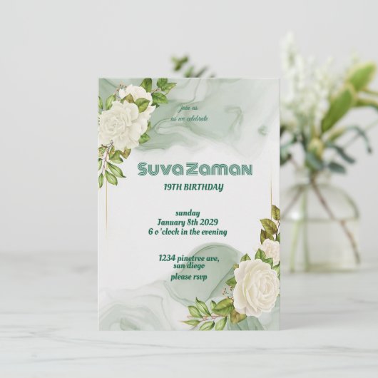 緑エレガントフローラ19番目の誕生日招待状温度 招待状 (スタンド正面)