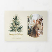 緑エレガントモダンと金ゴールドのクリスマスツリー写真 三つ折りクリスマスカード (カバー)