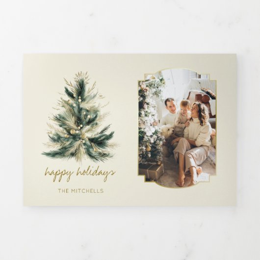 緑エレガントモダンと金ゴールドのクリスマスツリー写真 三つ折りクリスマスカード (カバー)