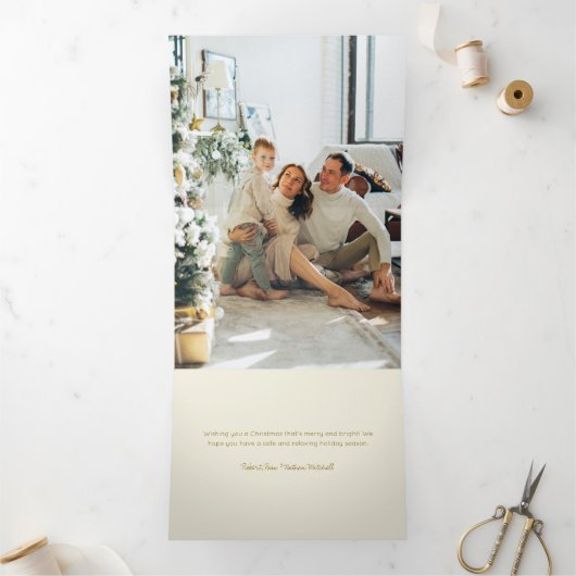 緑エレガントモダンと金ゴールドのクリスマスツリー写真 三つ折りクリスマスカード (内部)