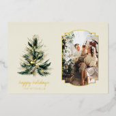 緑エレガントモダンと金ゴールドのクリスマスツリー写真 箔シーズンカード (正面)