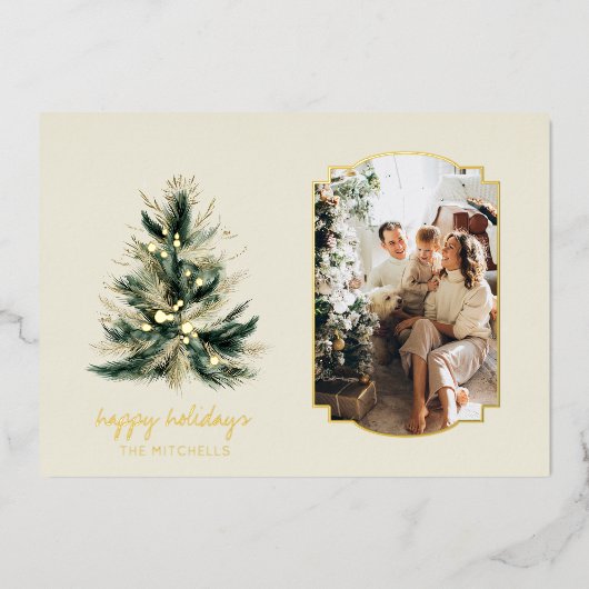 緑エレガントモダンと金ゴールドのクリスマスツリー写真 箔シーズンカード (正面)