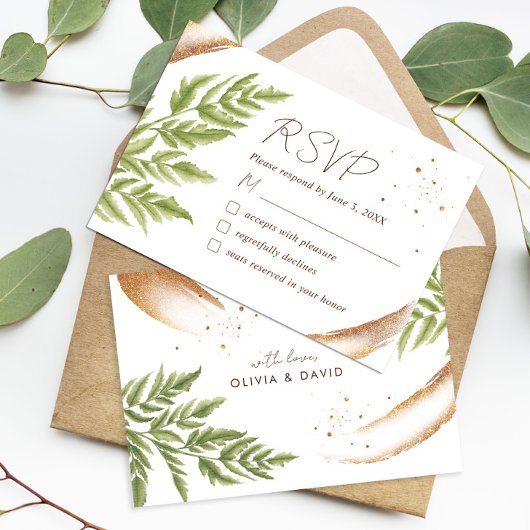緑エレガントモダンと金ゴールド結婚式のRSVPカード 出欠カード