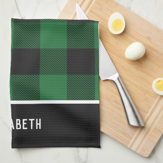 緑エレガントモダンと黒のバッファローの格子柄 キッチンタオル (四つ折り)