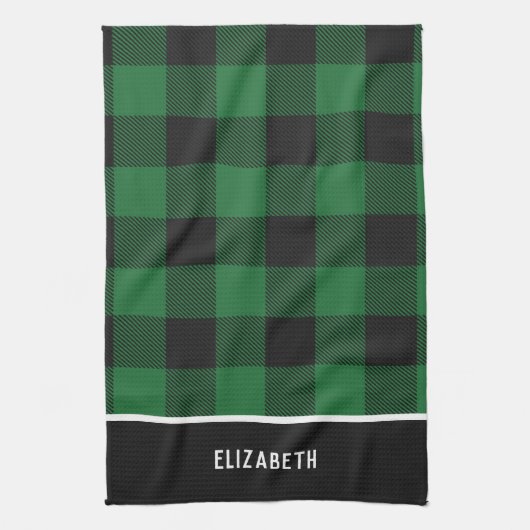 緑エレガントモダンと黒のバッファローの格子柄 キッチンタオル (縦)