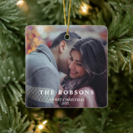 緑エレガントモダンのクリスマスツリーカップルの写真 セラミックオーナメント