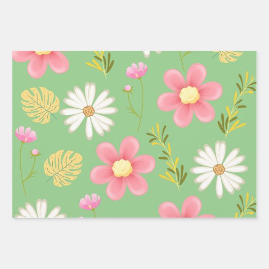 緑エレガントモダンピンクフローラ ラッピングペーパーシート (正面2)