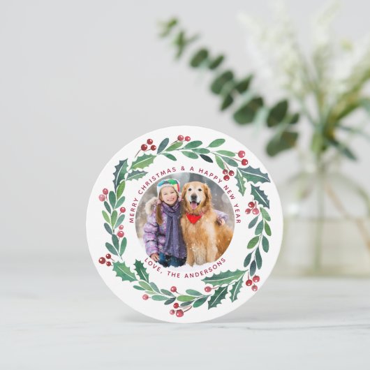 緑エレガントリースクリスマスフォトラウンド シーズンカード (スタンド正面)