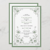 緑エレガントヴィンテージフローラフレームQRコー結婚ド 招待状 (正面/裏面)