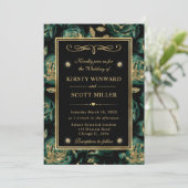 緑エレガント及び金ゴールドバラ花パタ結婚ーン 招待状 (スタンド正面)