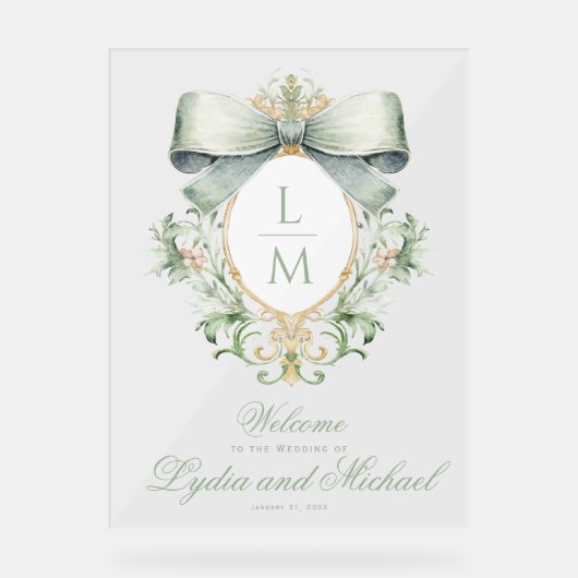 緑エレガント弓の歓迎結婚付き紋 アクリルサイン (正面)