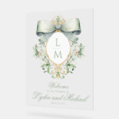 緑エレガント弓の歓迎結婚付き紋 アクリルサイン (傾斜)